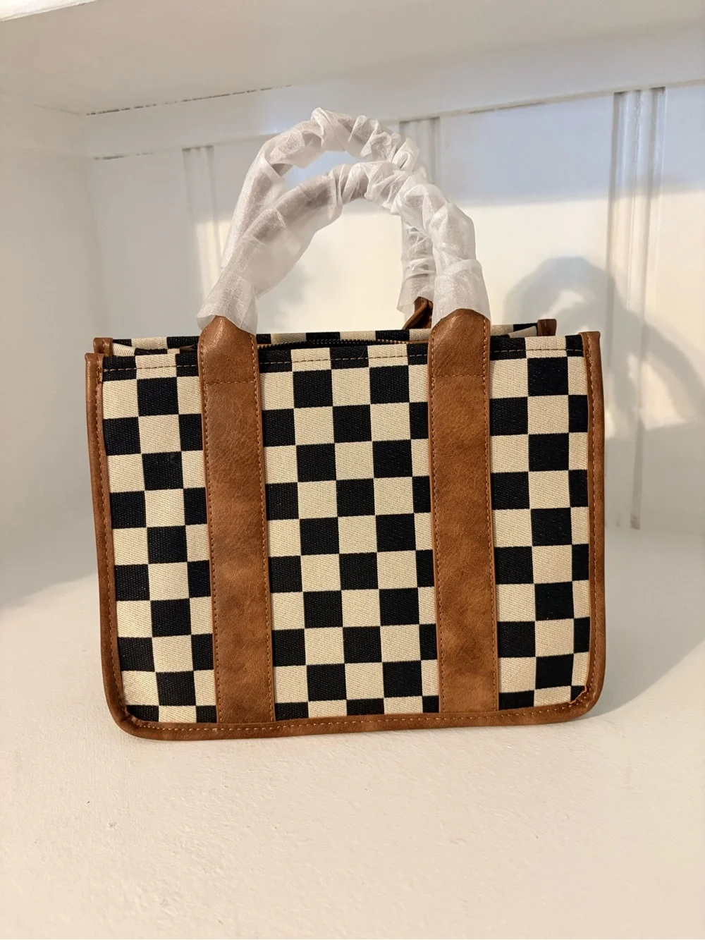 Checkerboard Canvas Tote with Brown Trim